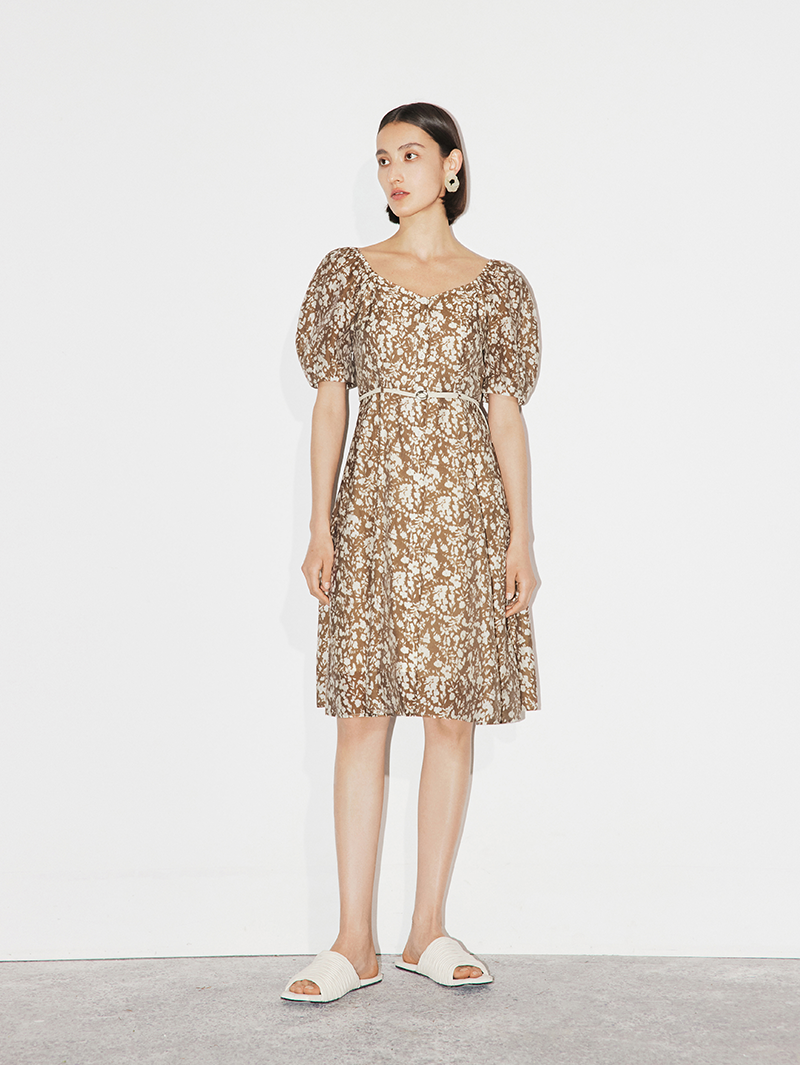 Women's Floral Caramel Square Neck Puff Sleeves Breathable Lyocell Dress