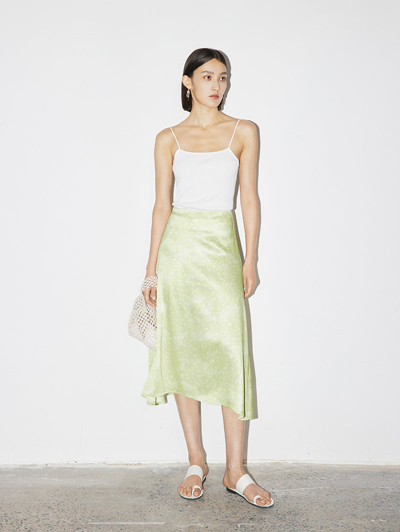 Women's Light Green Floral Clasic Straight Fit Irregular Hem Skirt