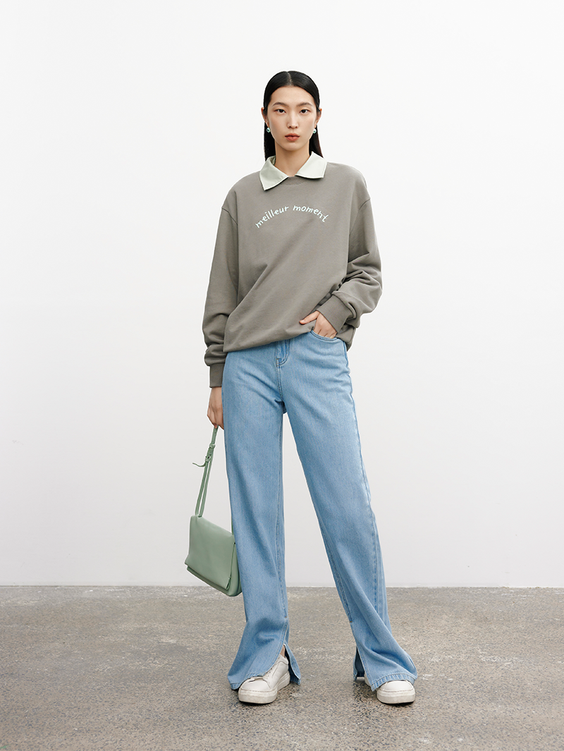 Women's Light Gray Round Neck Long Sleeves 100% Cotton Hoodie