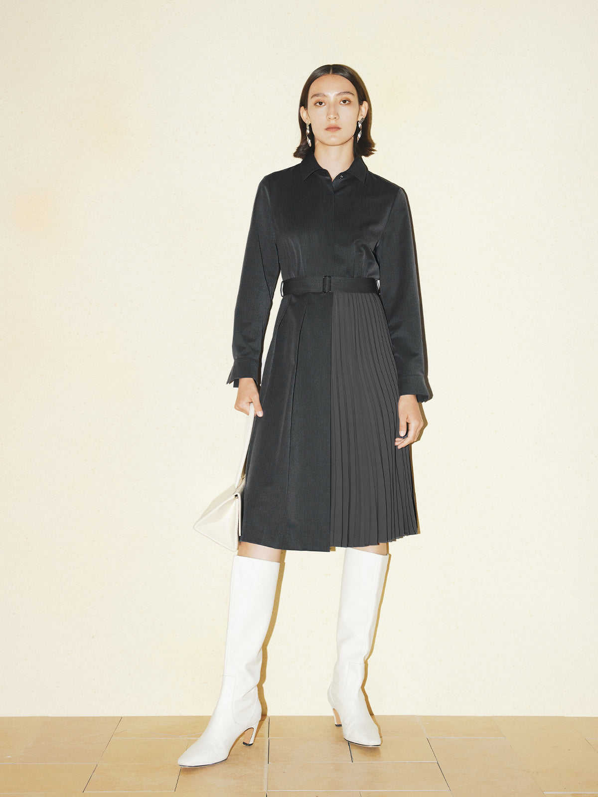 Grey classic collar pleated dress with long sleeves and belt