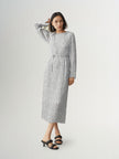 Women's Gray Floral Pattern Round Neck Long Sleeve Belted Dress