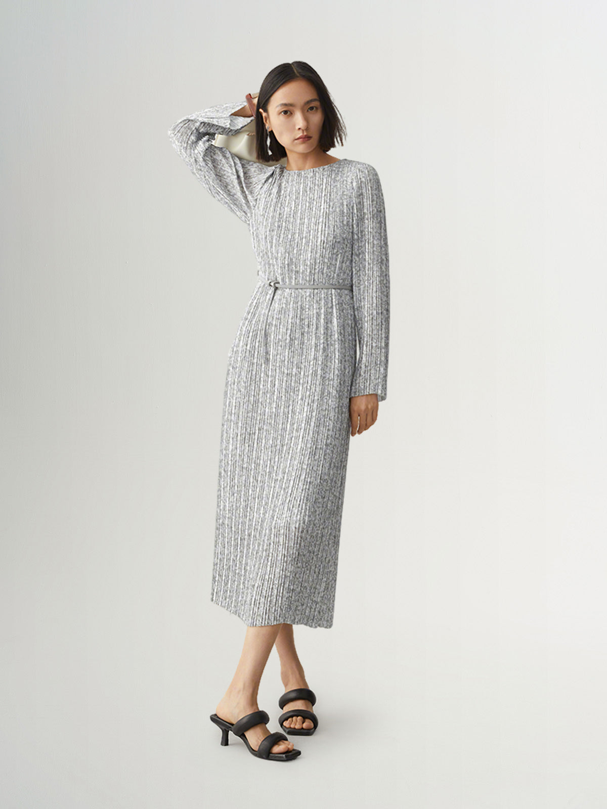 Women's Gray Floral Pattern Round Neck Long Sleeve Belted Dress