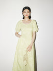 Women's Light Green Square Neck Puff Sleeves Texture Comfy Dress