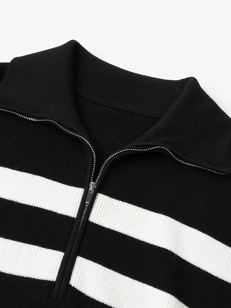 Women's Black Stripe Polo Zipper Neck Sleeveless Knitted Sweater、