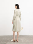 Belted dress with classic collar, long sleeves, beige