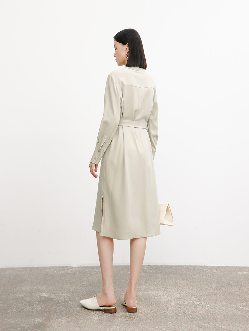 Belted dress with classic collar, long sleeves, beige