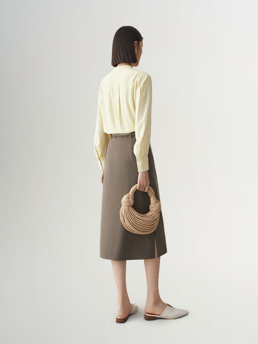 Women's Light Yellow Bow-knot Neck Long Sleeve Acetate Blouse