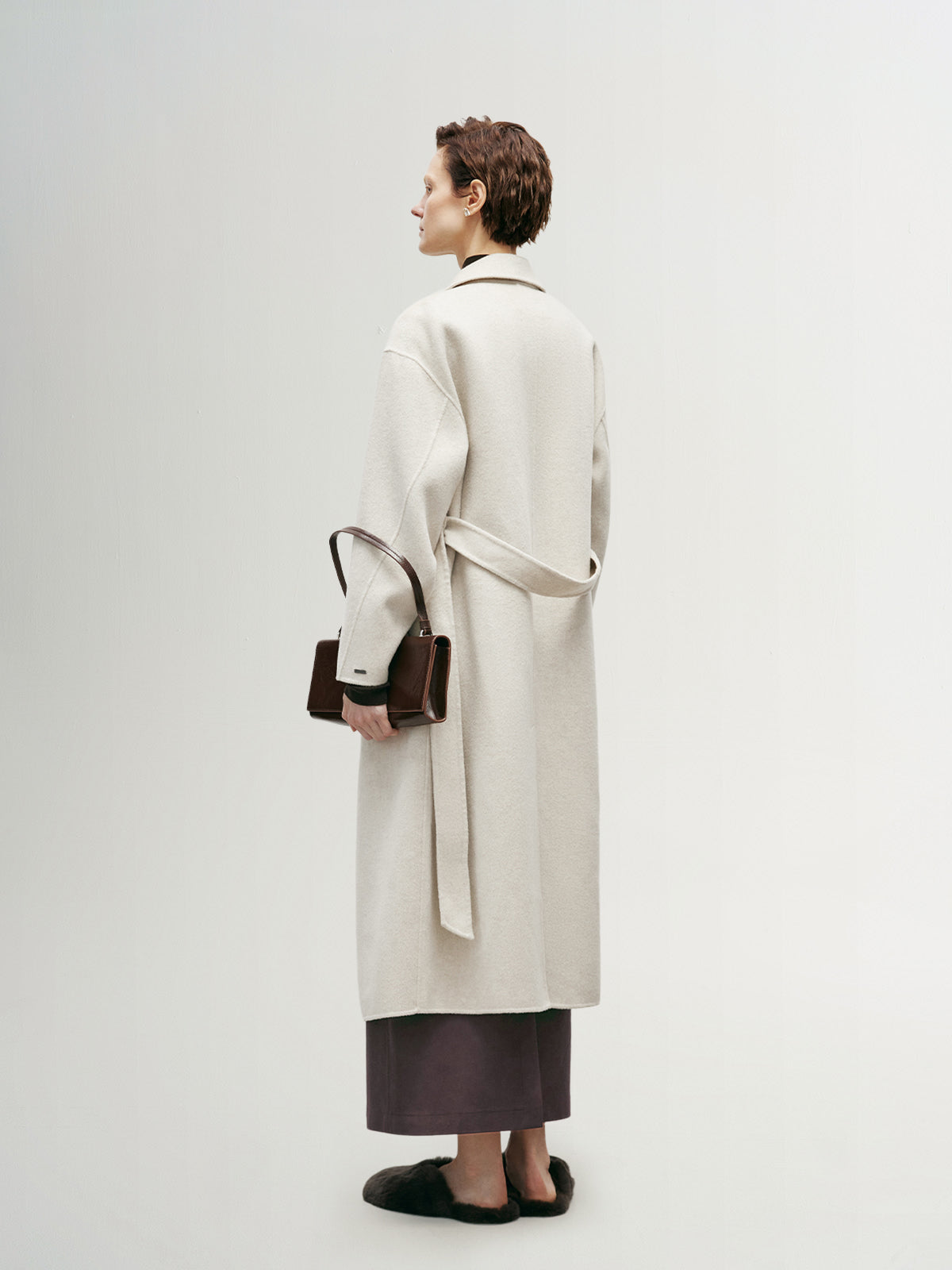 Women's Natural White Notch Lapel Wool Tie Belt Winter Coat