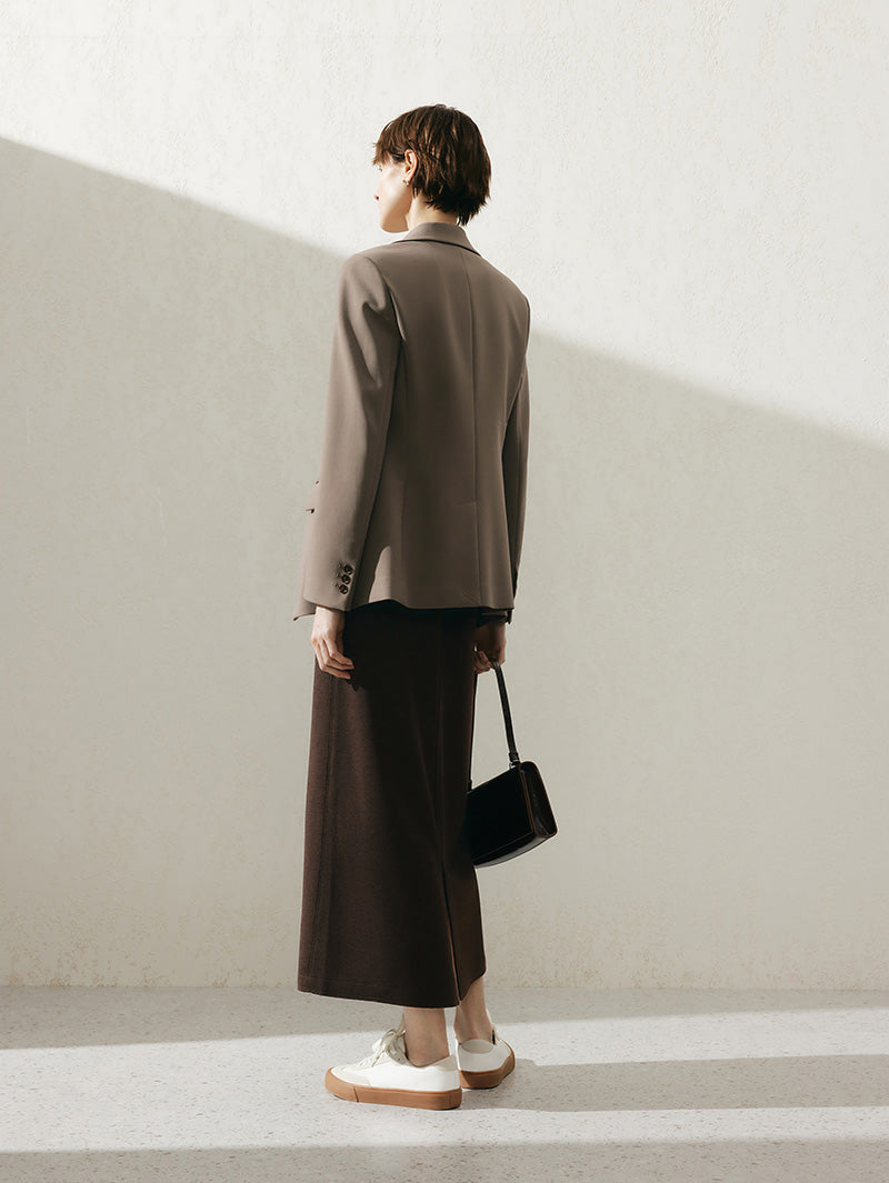 Women's Brown Notch Lapel Long Sleeves Blazer Jacket