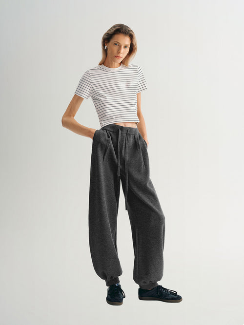 Load image 1 in gallery view. Dark gray casual straight pants with drawstring