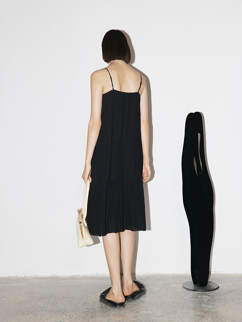 Women's Black V Neck Silver Tiny Shiny Fabric Slip Dress