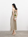 Women's Champagne Brown V Neck Breathable Acetate Slip Dress