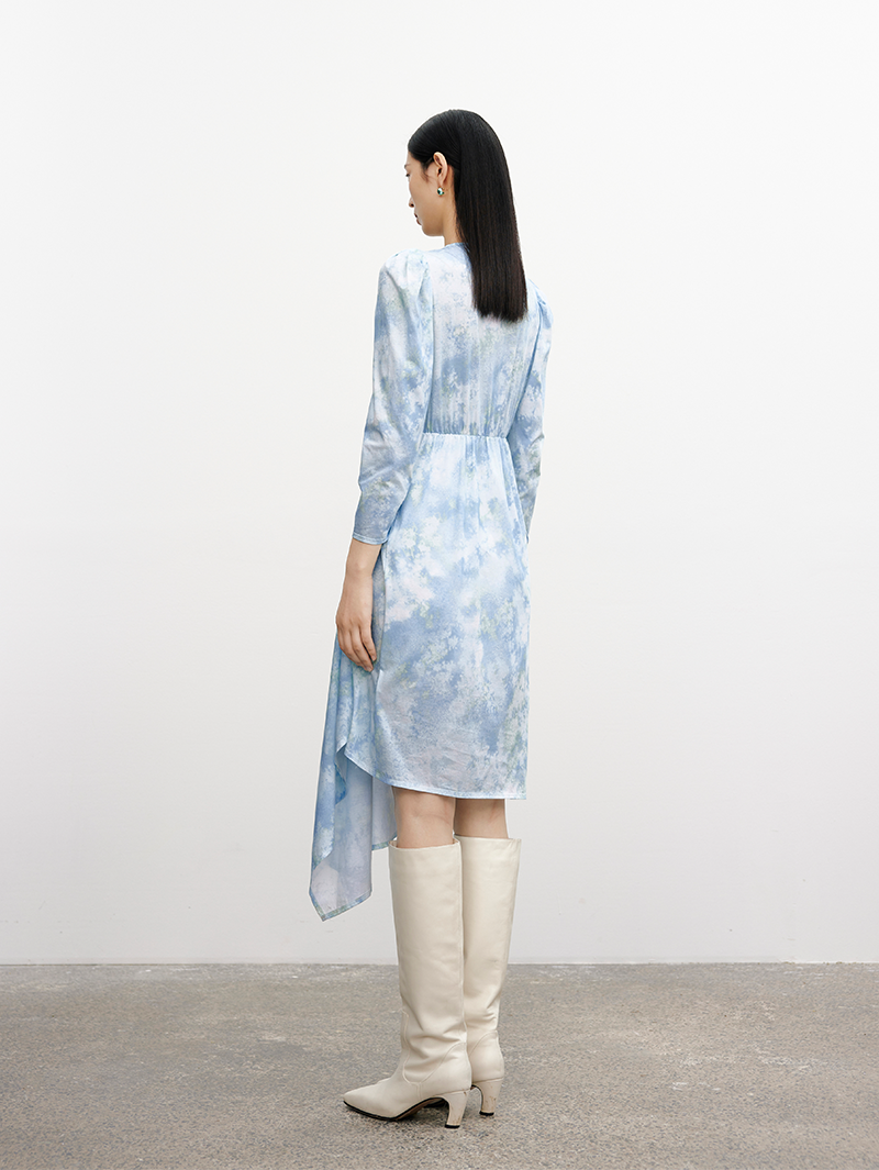 Women's Floral Sky Blue V Neck Pleated Waist Irregular Hem Dress