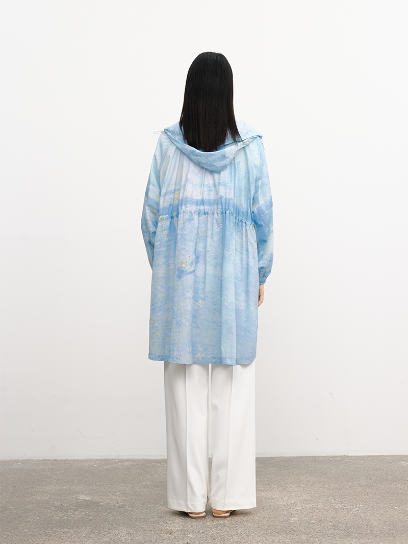 Women's Floral Blue Drawstring Waist Zipper Hoodie Middle Length Jacket