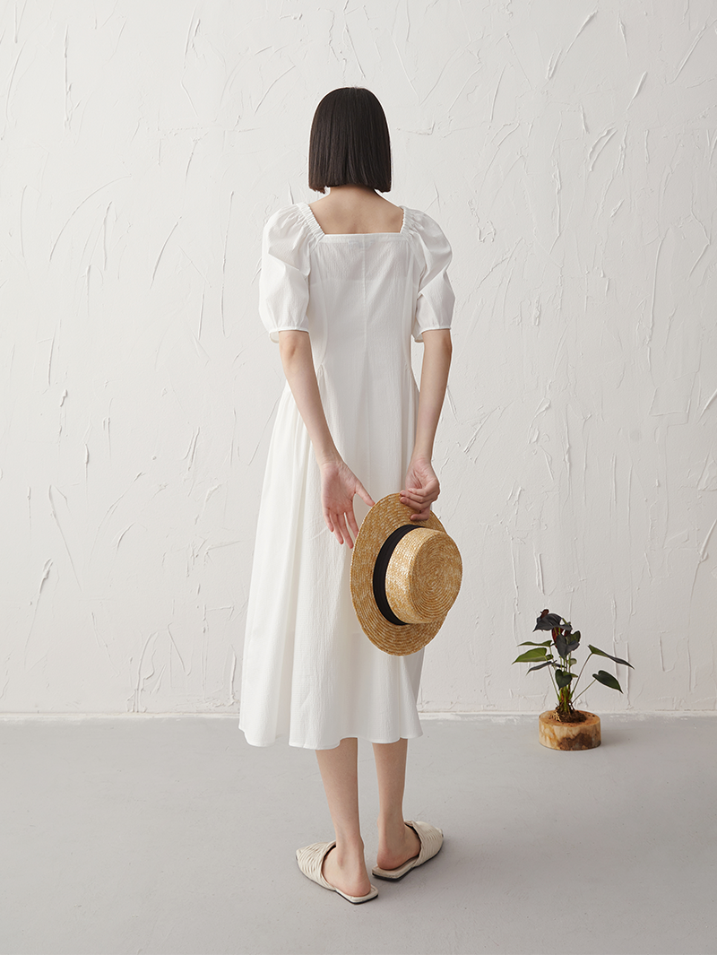 Women's Original White Puff Sleeves Pleated Waist Dress