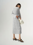 Women's Gray Floral Pattern Round Neck Long Sleeve Belted Dress