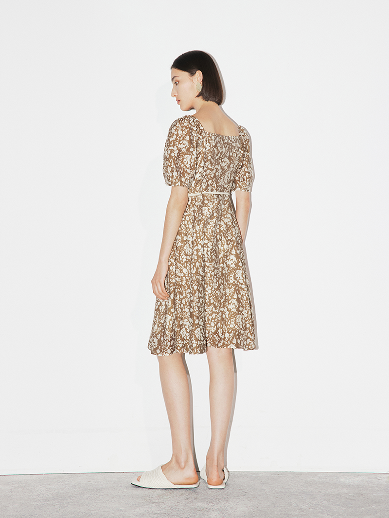 Women's Floral Caramel Square Neck Puff Sleeves Breathable Lyocell Dress