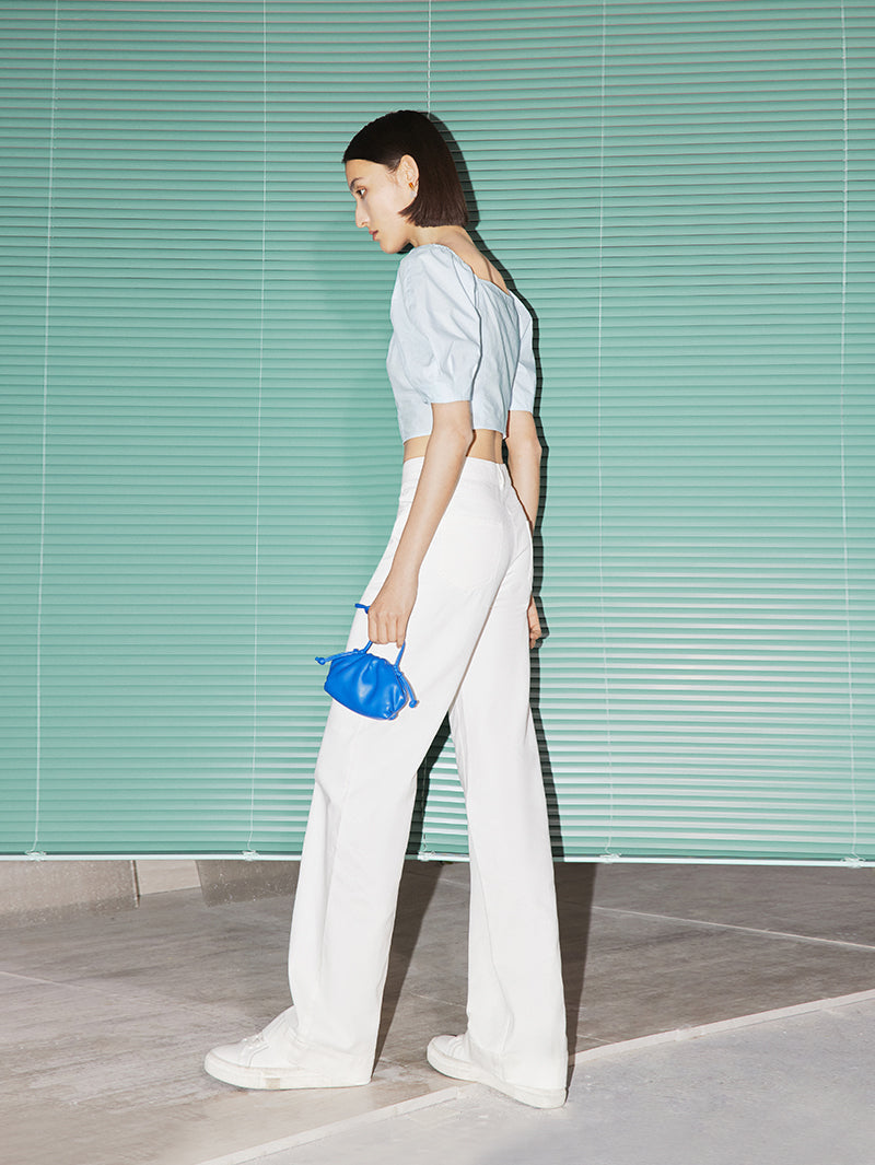 Women's Ice Point Blue Square Neck Puff Sleeves 100% Cotton Short Blouse Shirt 5E5222691