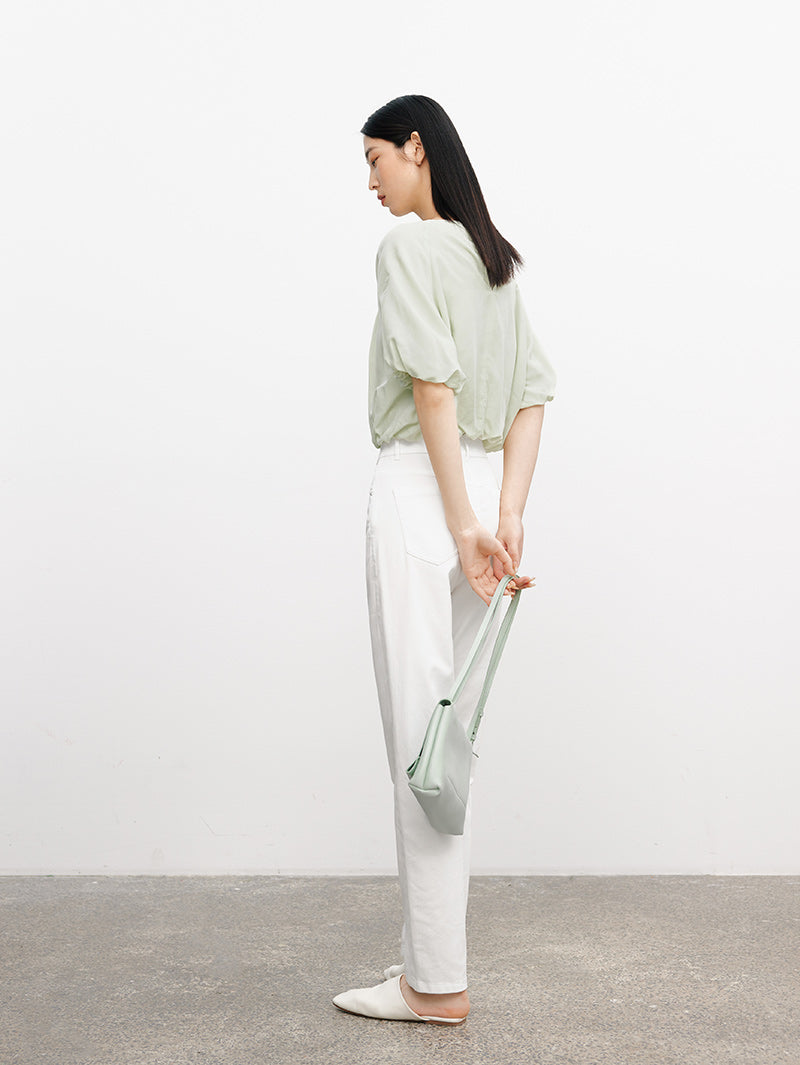 Women's Light Green Round Neck Puff Sleeve Blouse Top