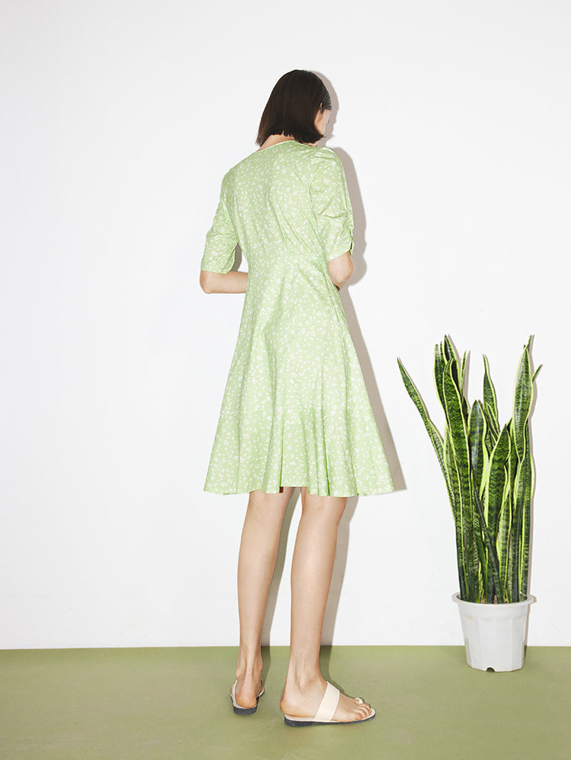 Women's Floral Light Green V Neck A-Line 100% Cotton Wrap Dress