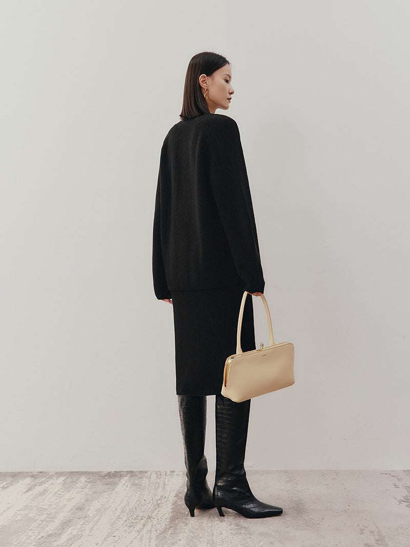 Women's Black V Neck Long Sleeve Wool Sweater