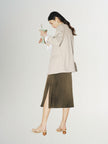 Camel gray blazer with notched collar, loose fit and double breasted