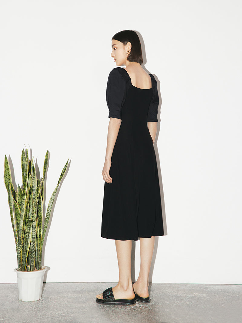Women's Black Square Neck Puff Sleeves Smooth Vinegar Dress