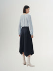 Women's Light Blue Pleat V Neck Long Sleeve Silk Shirt