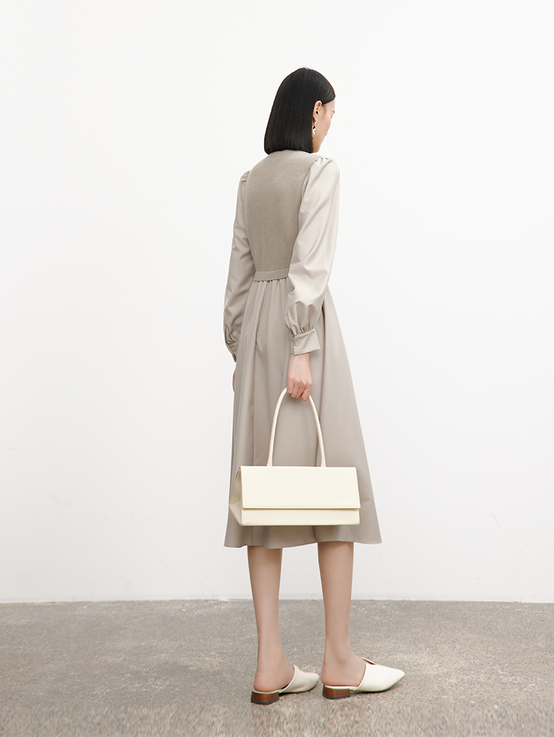 Women's Spring Light Coffee Sheep Wool Knit V Neck Vest Long Sleeves Dress