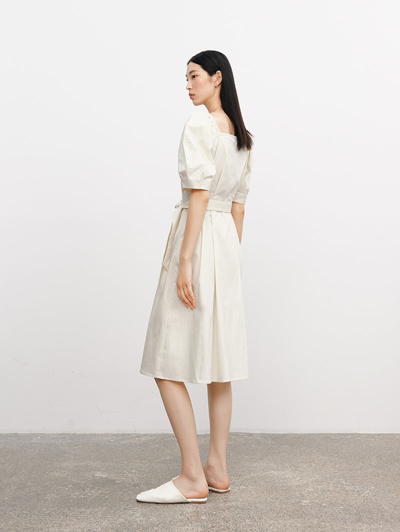 Women's Off-White Square Neck Puff Sleeves Button Down Belted Dress