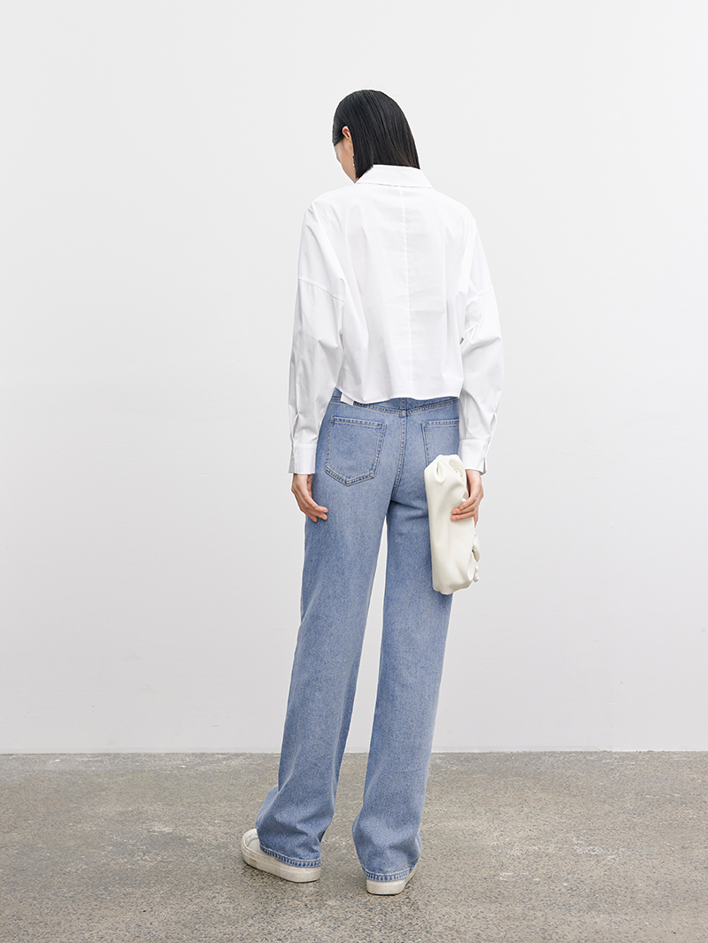 Women's White Classic Collar Pleat Deisgn Long Sleeve Short Shirt