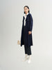 Navy blue mid-length trench coat with button fastening and belt
