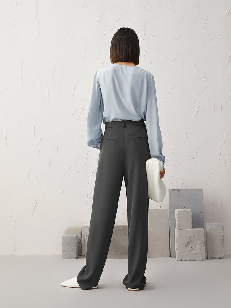 Women's Light Blue V Neck 100% Silk Blouse