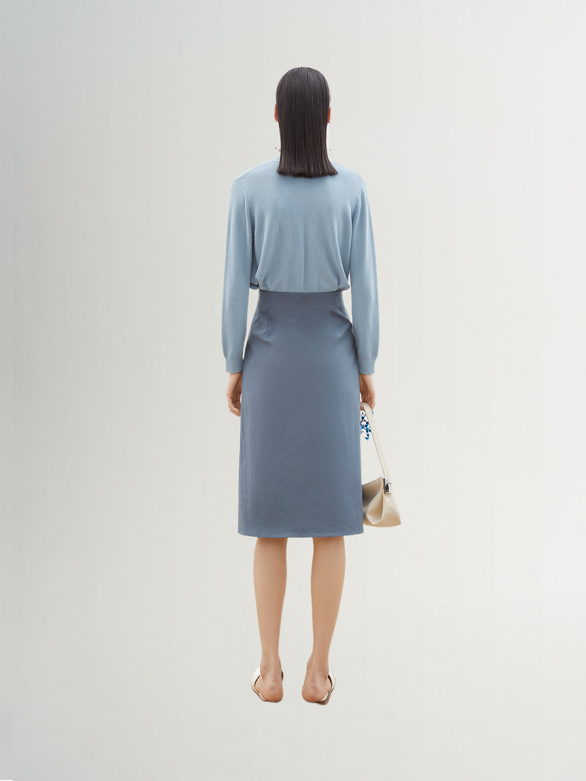 Blue mid-length straight skirt