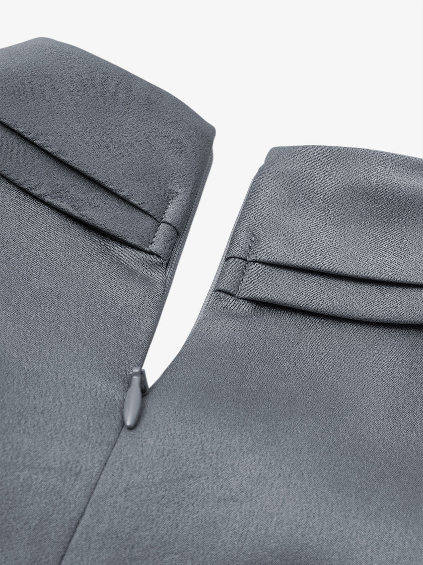 Women's Grey Tie Neck Long Sleeves Belted Dress