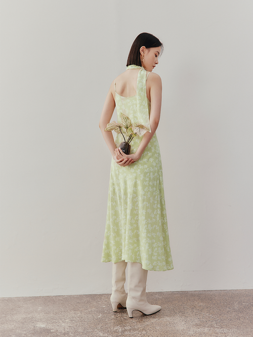 Load image 1 in gallery view. Women's Green FloralV Neck Slip Dress