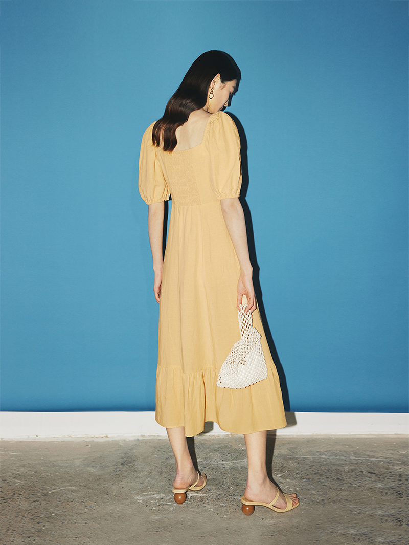 Women's Sunset Orange Square Neck Puff Sleeves High Waist Frill Hem Dress