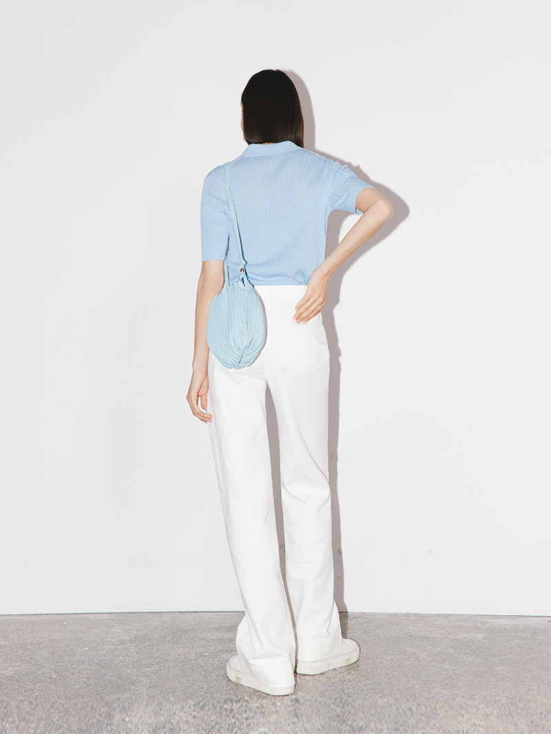 Women's Sky Blue Polo Neck Short Sleeves Knit Top