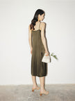 Women's Sandstone Brown V Neck Smooth Acetate Slip Dress