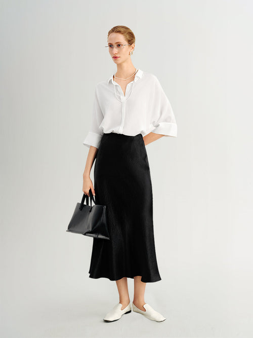 Load image 1 in gallery view. 100% Mulberry Silk Relaxed-Fit Drop-Shoulder Lapel Three-Quarter Sleeve Shirt