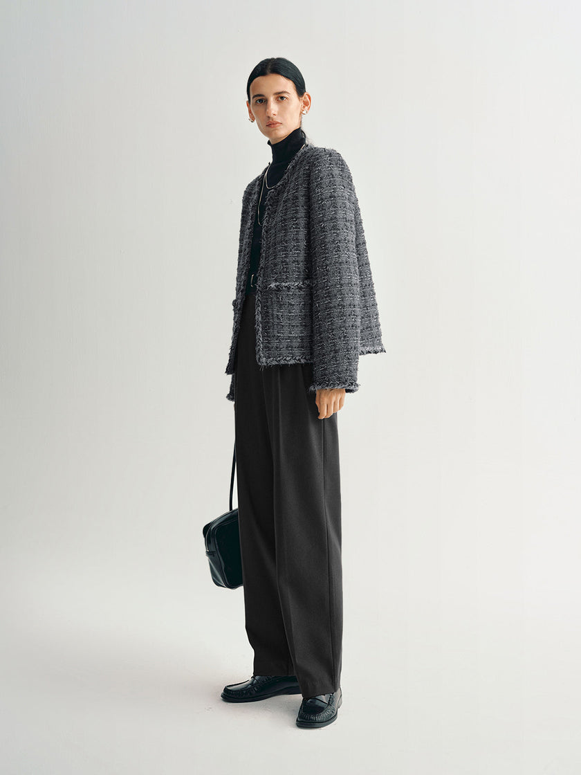 Wool Blend Trim Tweed Jacket