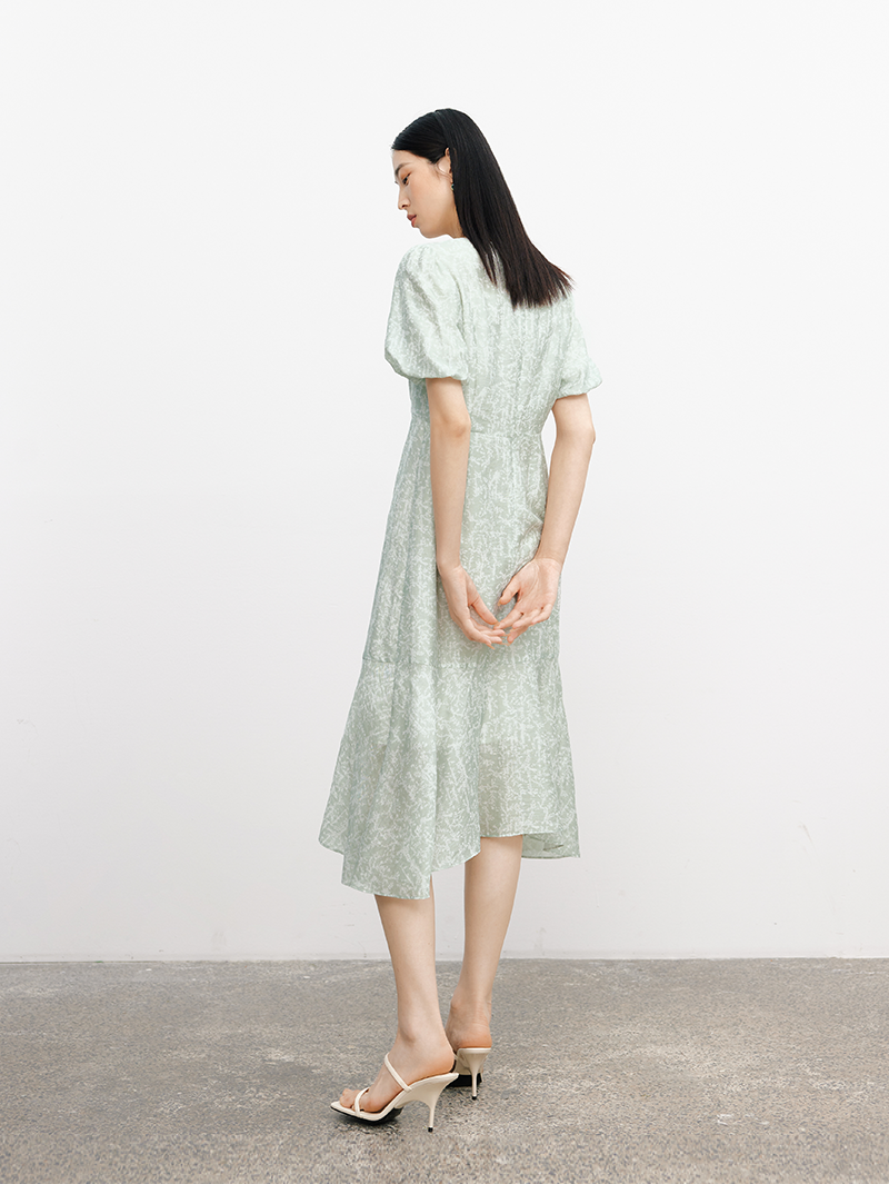Women's Floral Mint Green V Neck Slim Fit Breathable Lyocell Dress