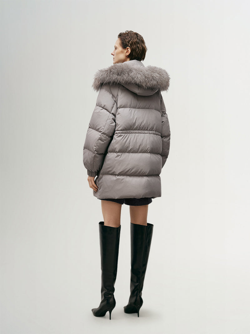 Women's Gray Warm Goose Puffer Hooded Jacket with Fur