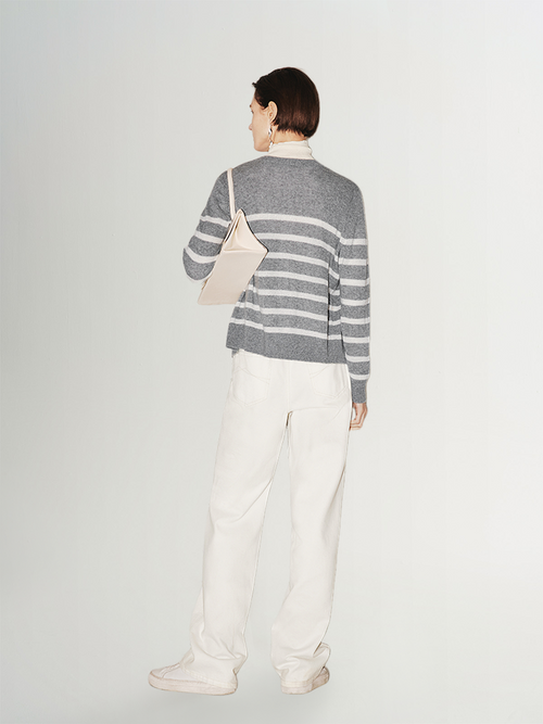 Load image 1 in gallery view. Light gray striped cashmere cardigan with round neck and long sleeves