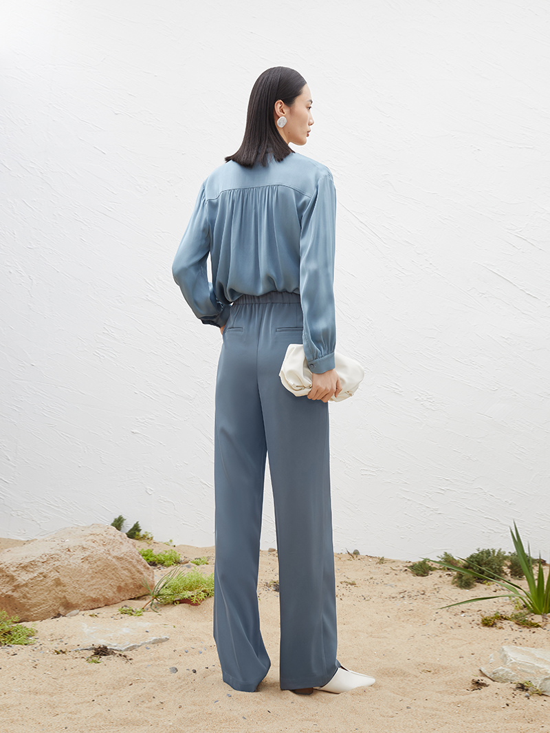 Women's Deep Blue Straight Fit Elastic Waist Trousers