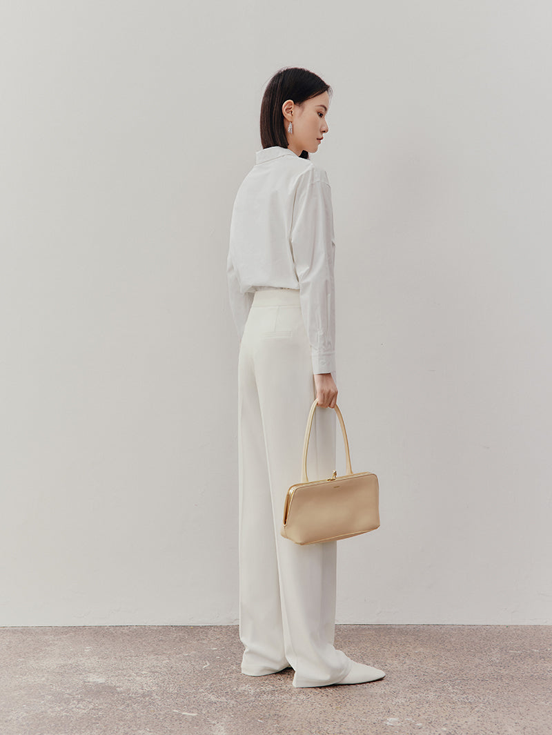 Women's White Classic Collar Long Sleeve 100% Cotton Round Hem Shirt