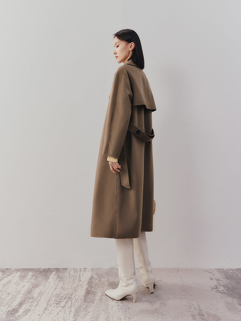 Women's Brown 100% Sheep Wool Belted Long Coat