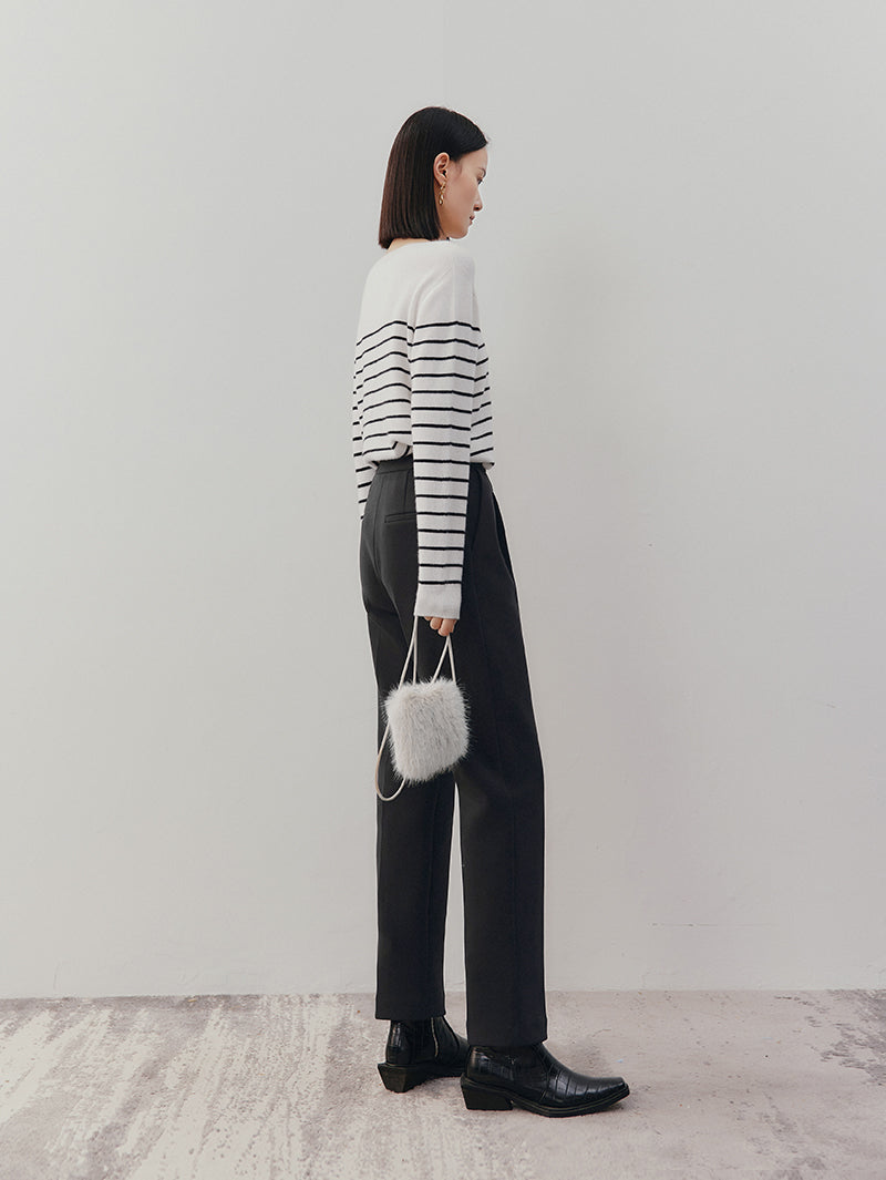 Women's White Stripe Round Neck Knit Cashmere Sweater