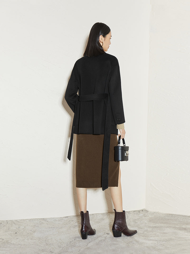 Women's Black 100% Sheep Wool Coat with Belt