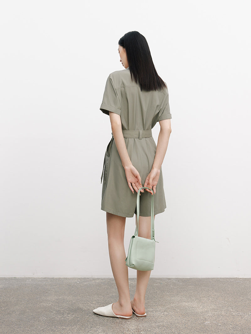 Women's Short Sleeve Belted Short Jumpsuits